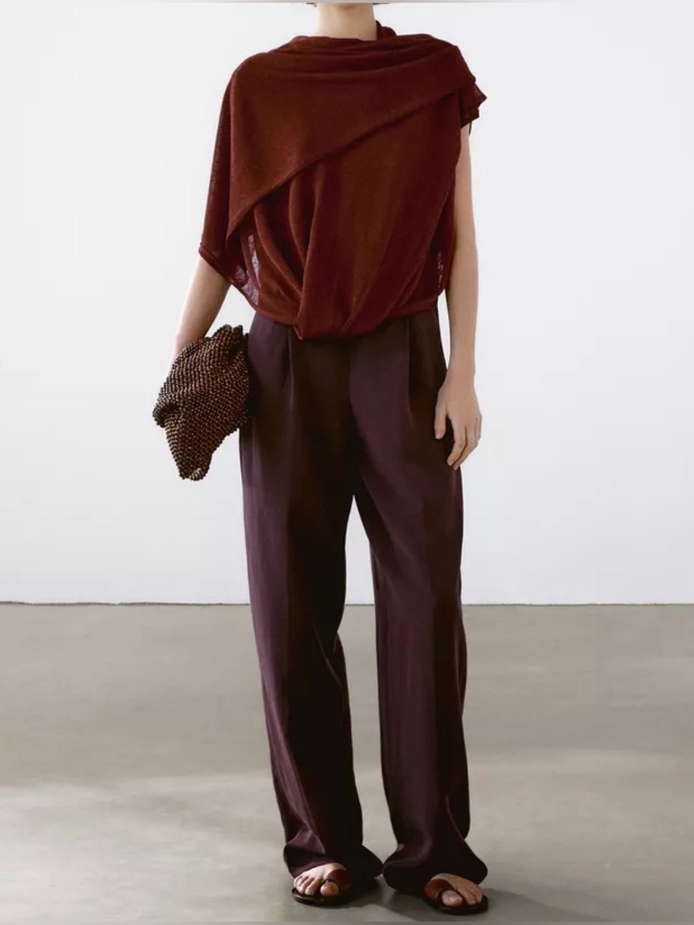 Massimo Dutti Wool Burgundy Wide-Leg Pants